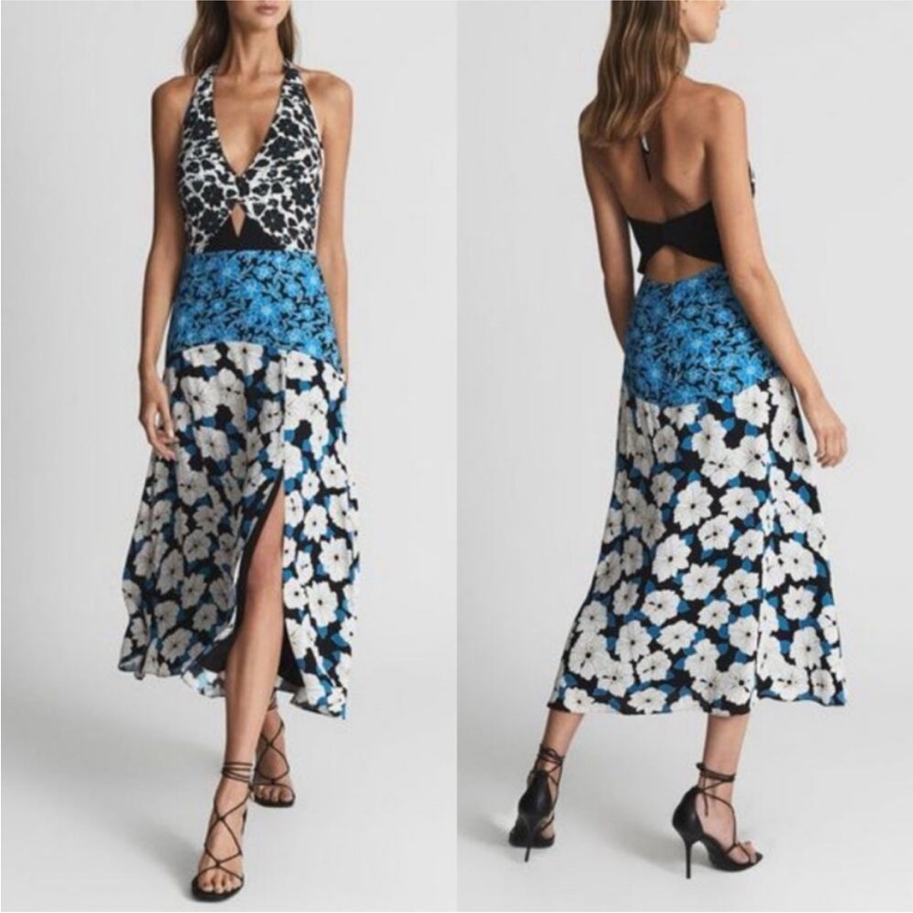 Reiss Black and Blue Floral Halter Dress